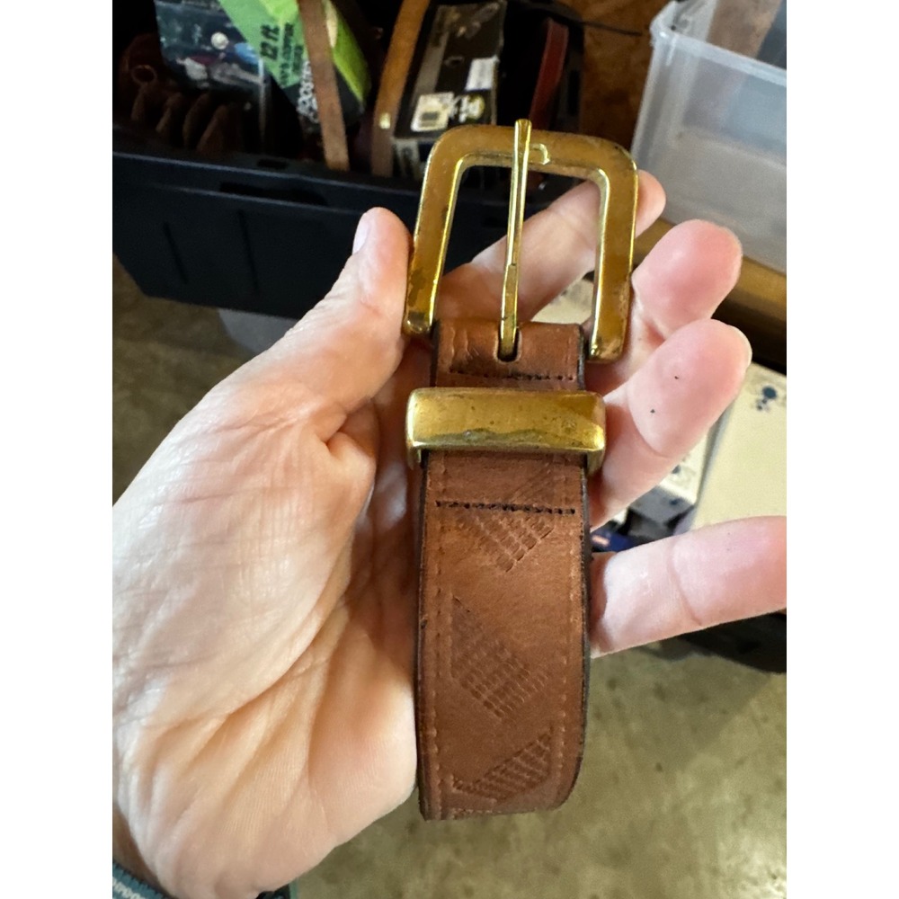 Vintage Mens Harness Cowhide Leather Belt Brown Brass Buckle USA Made 36 90